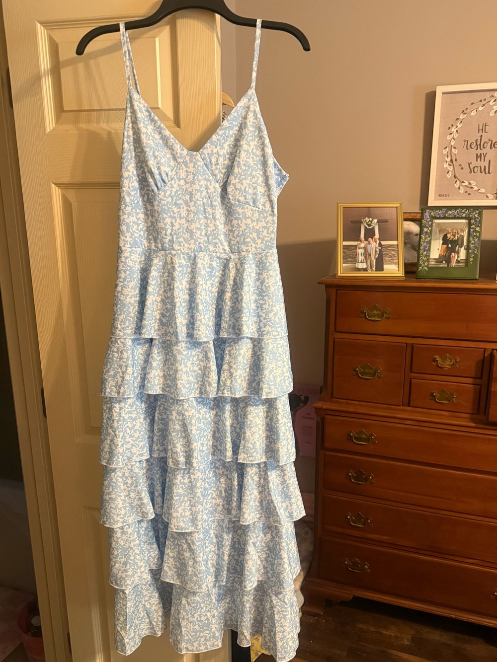 Light Blue Floral Ruffled Tiered Slip Dress